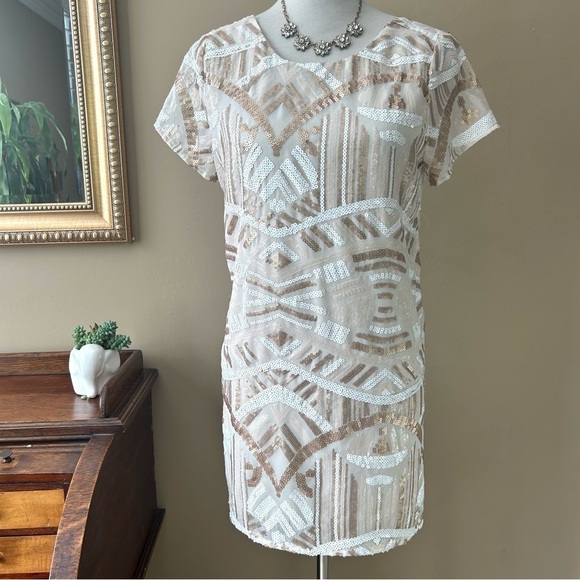 Show Me Your Mumu Tallulah White Tan Sequin Open Back Short Sleeve Mini Dress S - Picture 13 of 13